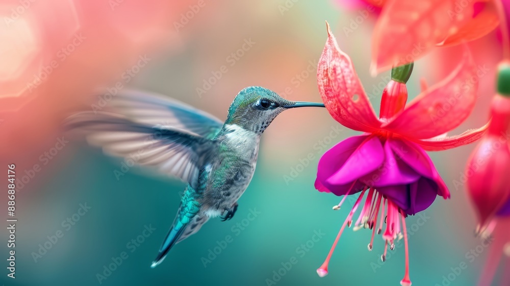 Naklejka premium A hummingbird hovers before a crisp fuchsia flower against an out-of-focus hummingbird background