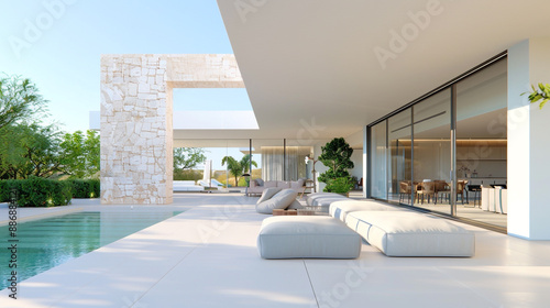 Modern villa featuring a spacious outdoor lounge and sleek pool area.