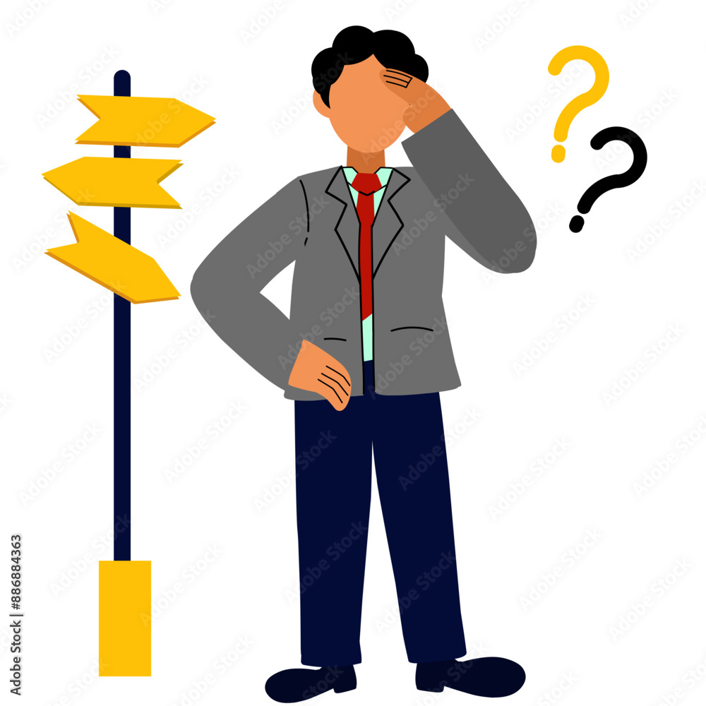vector art business man with question marks and confusing choices vector art business man with question marks and confusing choices