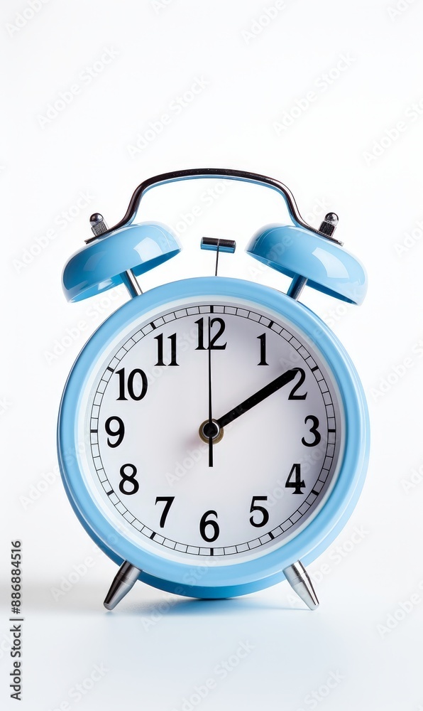 Blue Analog Alarm Clock with Two Bells on White Background Blue Analog Alarm Clock with Two Bells on White Background