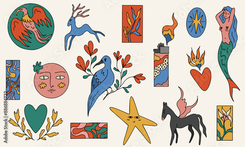 A set of bright, fancy stickers. Bird, abstractions, plants, horse, heart, lighter, mermaid, star, deer, heart, face. Tattoo sketch, vector illustration. Boho-hippie style.