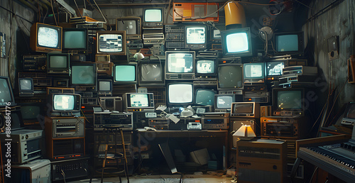 A room full of old televisions and other electronic equipment