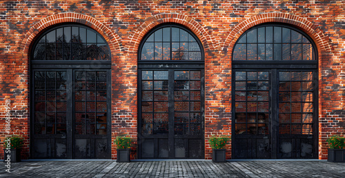 Three arched windows with black frames and a brick building