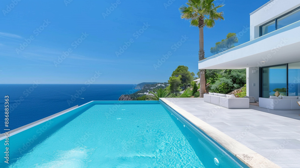 Fototapeta premium Luxury villa with a sleek design and panoramic sea views.