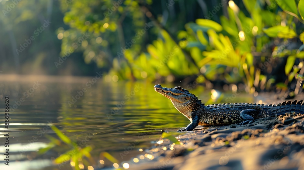 Young caiman relaxing on river bank at sunset Young caiman relaxing on river bank at sunset