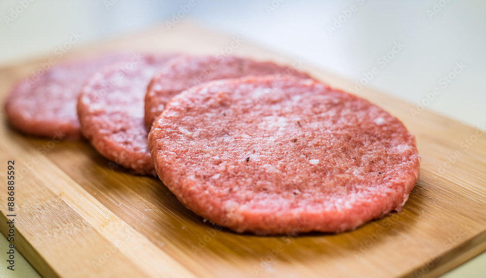Raw veal cutlets on chopping board, before cooking for hamburgers and other dishes. Tasty food. Raw veal cutlets on chopping board, before cooking for hamburgers and other dishes. Tasty food.