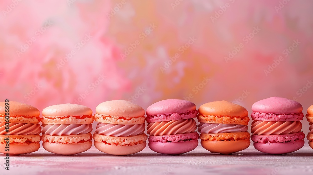A side view of tropical sunset macarons lined up in a row, showcasing the bright gradients of coral, pink, and orange. The background is a gradient of soft pastel colors, A side view of tropical sunset macarons lined up in a row, showcasing the bright gradients of coral, pink, and orange. The background is a gradient of soft pastel colors,