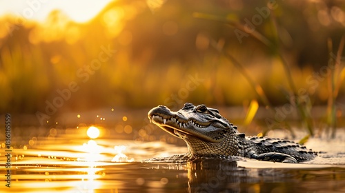 Young crocodile emerging from water at sunset in river