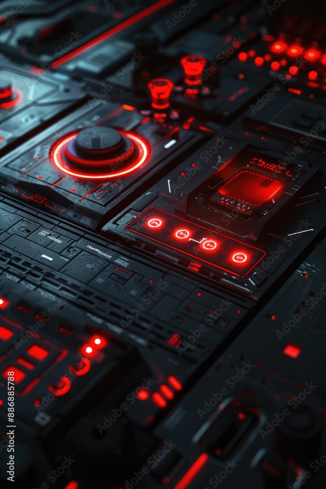 A close-up shot of a control panel with red lights indicating activity A close-up shot of a control panel with red lights indicating activity