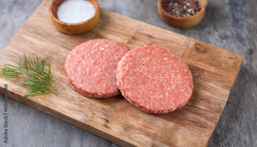 Raw veal cutlets on chopping board, before cooking for hamburgers and other dishes. Tasty food. Raw veal cutlets on chopping board, before cooking for hamburgers and other dishes. Tasty food.