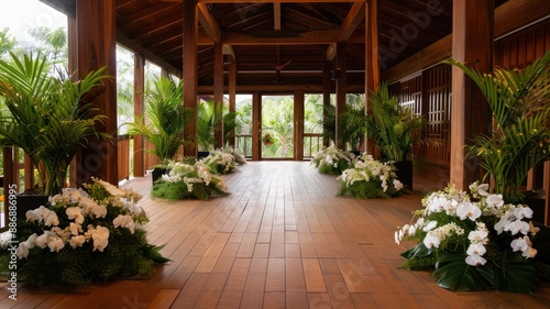 A large room with a wooden floor and a long hallway. The room is decorated with white flowers and plants