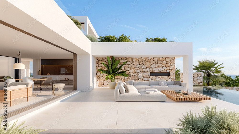 Fototapeta premium Luxury villa with a rooftop terrace and minimalist design.
