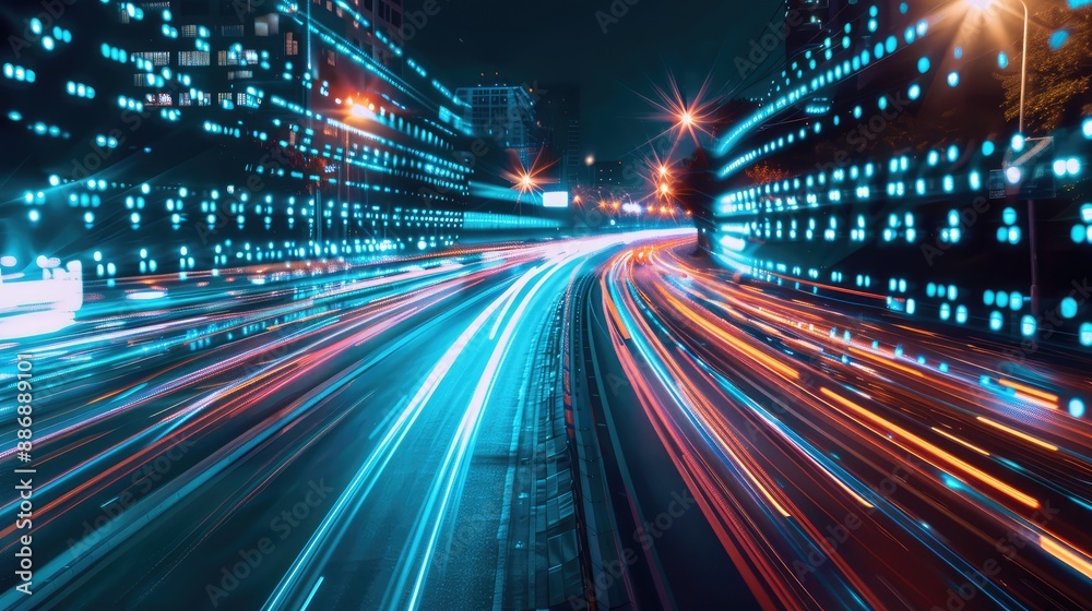 Fototapeta premium rapid transfer of digital data represented by high speed light trail of cars in a futuristic smart digital city with a dynamic and modern atmosphere