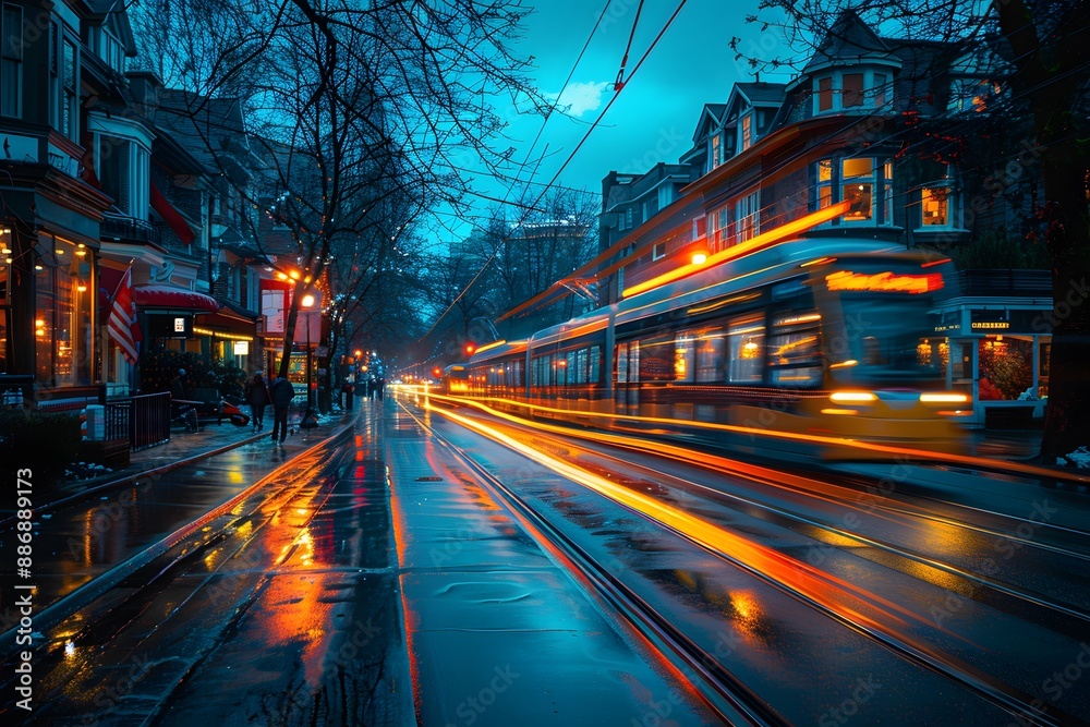 Obraz premium Vibrant Night Scene of a Tram Passing Through a Rainy City Street