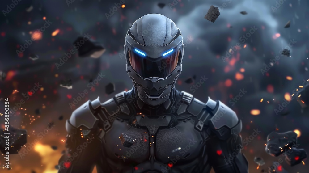 Fototapeta premium A silver-clad superhero stands firm, facing a fiery, chaotic battle