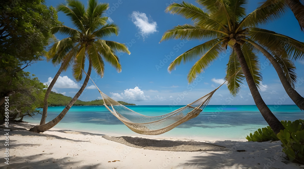 Obraz premium Hawaii a hammock hanging between two palm trees on a tropical beach with clear blue water and a sandy shore with a rock formation in the background. Vacation, E-commerce.