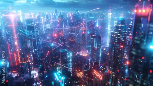 futuristic cyberpunk cityscape with glowing cable webs visualizing the concept of high-speed internet connection, sending digital data at lightning-fast speeds