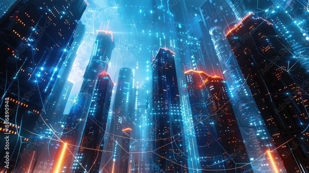 spectacular digital art 3D illustration of a futuristic cyberpunk cityscape with glowing cable webs, representing the power and speed of high-speed internet connection spectacular digital art 3D illustration of a futuristic cyberpunk cityscape with glowing cable webs, representing the power and speed of high-speed internet connection