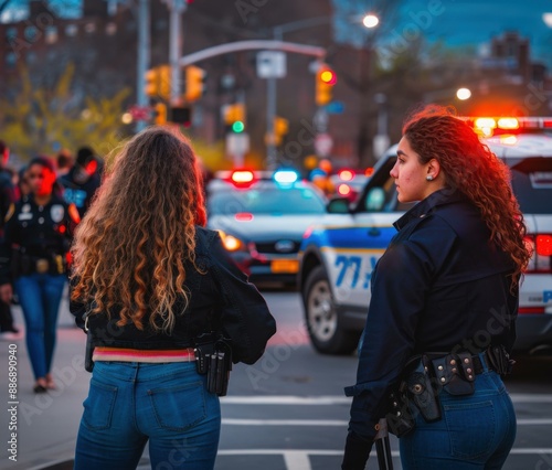 Two policewomen looking out at a crime scene. AI. photo