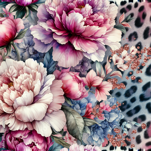 A vibrant floral arrangement featuring peonies and roses in soft pastel colors, set against a bold leopard print background, creating a striking contrast.