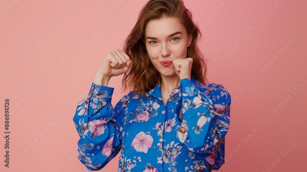 portrait of a woman raising hands in front of pink background portrait of a woman raising hands in front of pink background