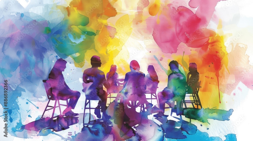 custom made wallpaper toronto digitalthought-provoking watercolor painting of a group therapy session, highlighting mental health concepts and the importance of community support