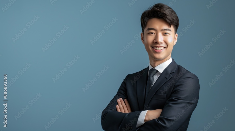 Confident Young East Asian Businessman Smiling in Formal Attire Against Blue Background, Ideal for Corporate and Professional Use, Business Presentations Confident Young East Asian Businessman Smiling in Formal Attire Against Blue Background, Ideal for Corporate and Professional Use, Business Presentations