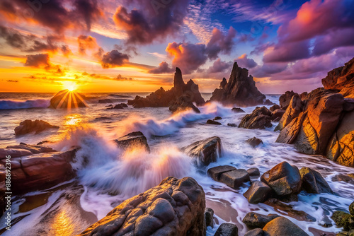 Dramatic Rocky Coastline at Sunrise with Waves Crashing and Colorful Sky. photo