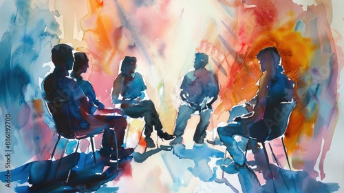 poignant watercolor illustration of a group therapy session, emphasizing the significance of mental health awareness and the value of shared experiences photo