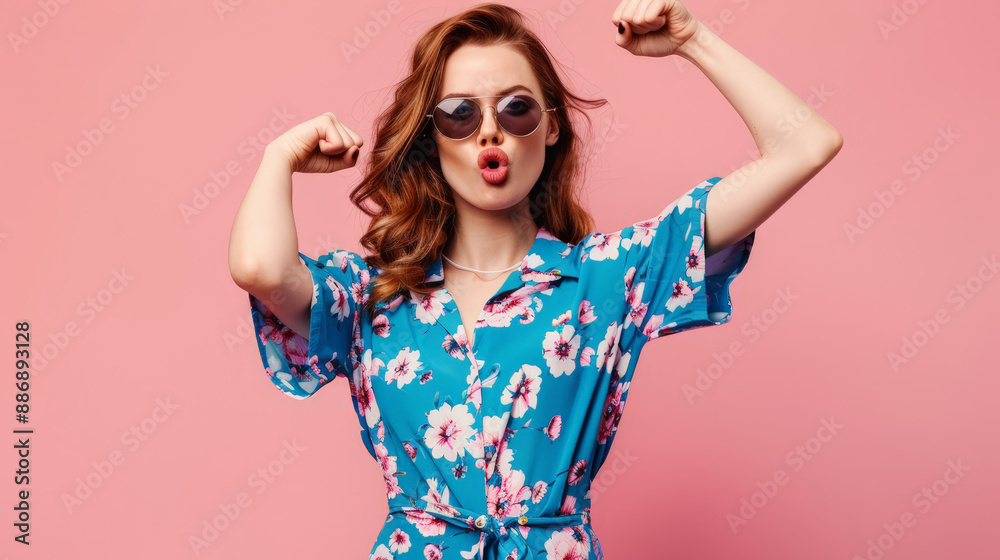 portrait of a woman raising hands in front of pink background portrait of a woman raising hands in front of pink background