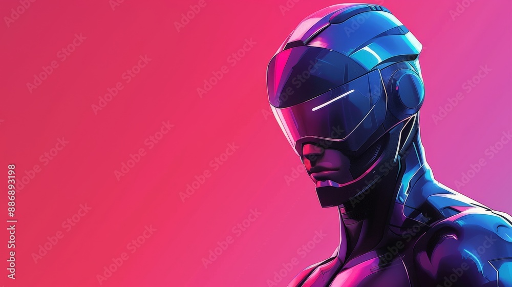 A cyborg stands against a vibrant, pink background