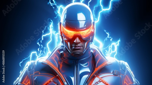 A superhero stands poised, surrounded by electric energy