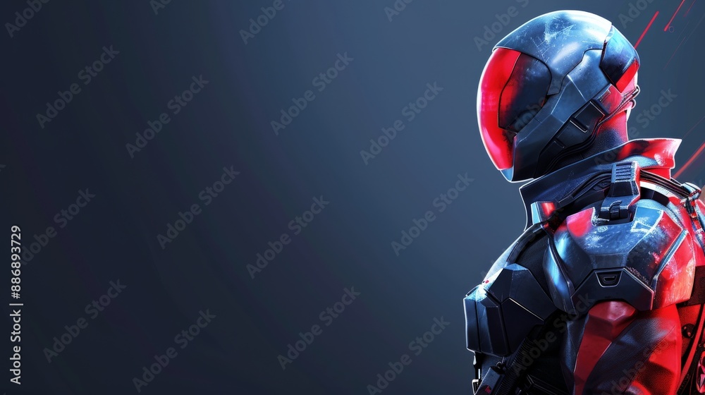A lone superhero, clad in futuristic armor, stands against a dark blue sky A lone superhero, clad in futuristic armor, stands against a dark blue sky