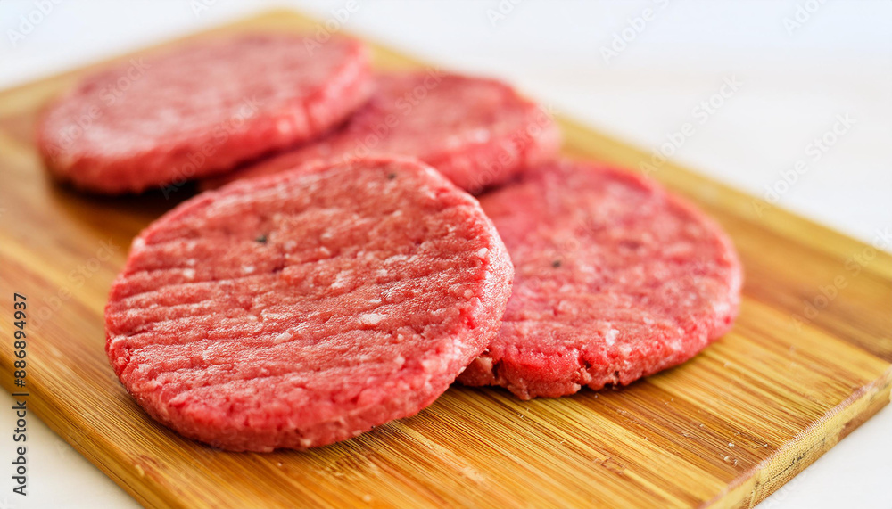 Raw veal cutlets on chopping board, before cooking for hamburgers and other dishes. Tasty food.