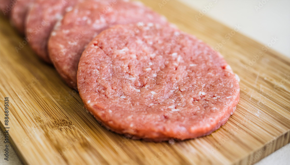 Raw veal cutlets on chopping board, before cooking for hamburgers and other dishes. Tasty food. Raw veal cutlets on chopping board, before cooking for hamburgers and other dishes. Tasty food.