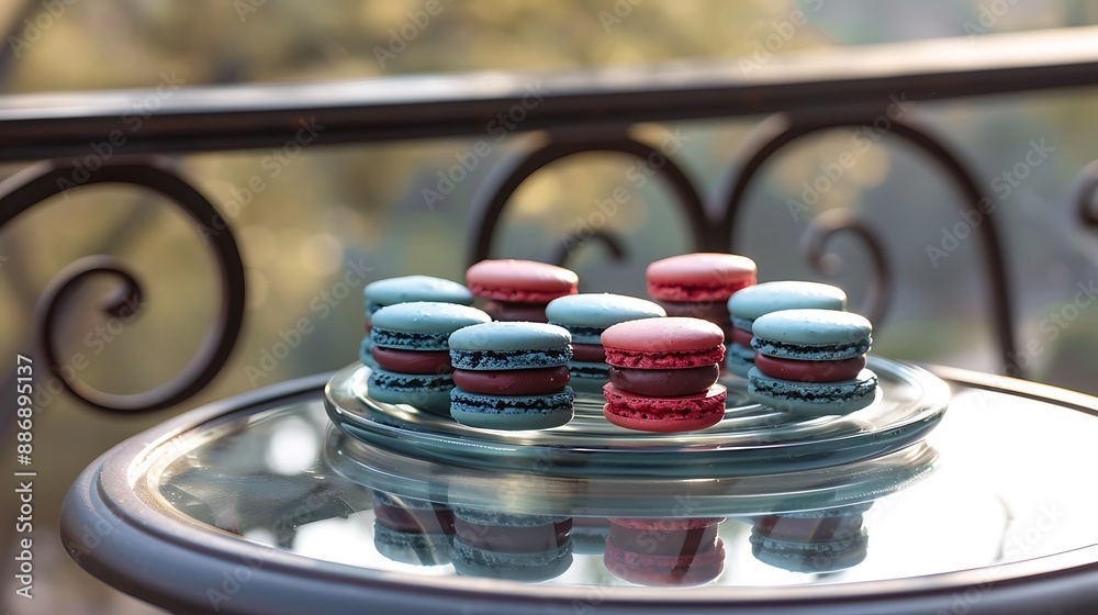 Jewel tones macarons arranged in a circular pattern on a glass table ...