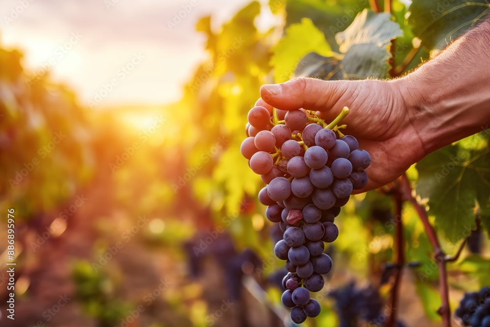Obraz premium Hand holds bunch of dark purple grapes with green leaves. Vineyard landscape blurred in warm sunset glow. Human hand picks ripe fruit. Close up shot on sunny day.