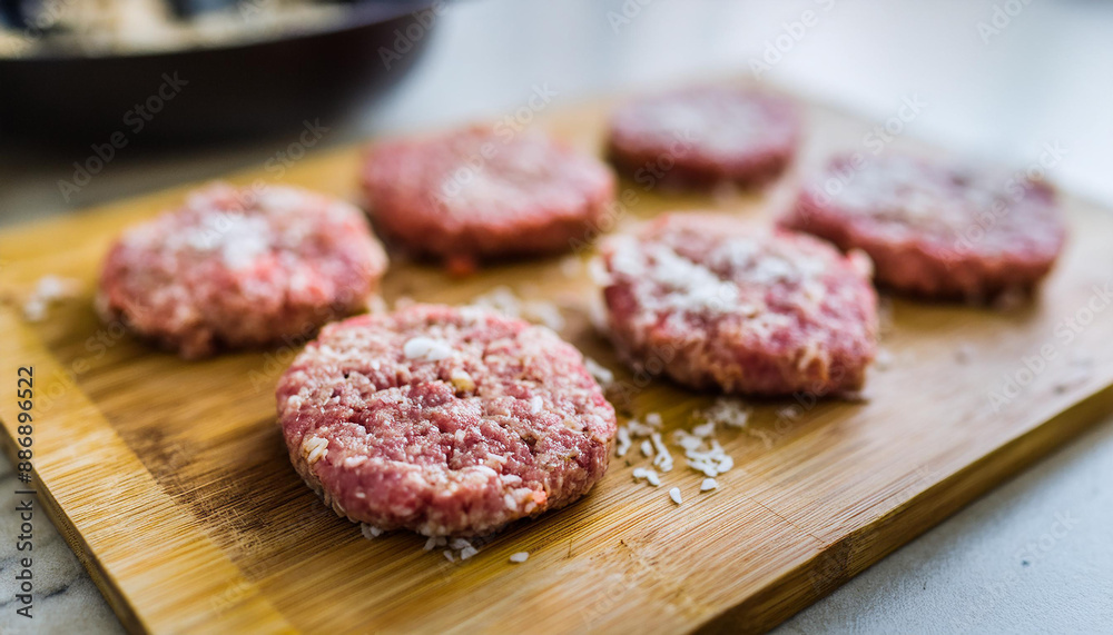 Raw veal cutlets on chopping board, before cooking for hamburgers and other dishes. Tasty food. Raw veal cutlets on chopping board, before cooking for hamburgers and other dishes. Tasty food.
