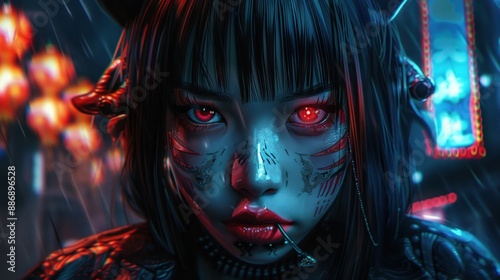 Asian cyber girl face character possessed demon background wallpaper AI generated image
