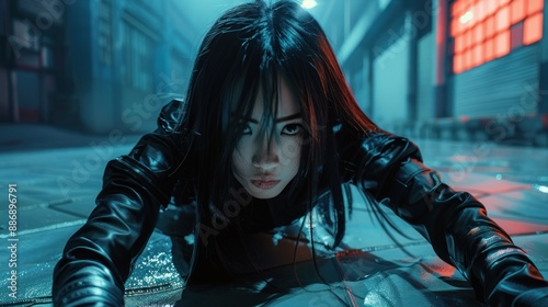 Woman ninja character poses squat ready to attack background wallpaper AI generated image photo