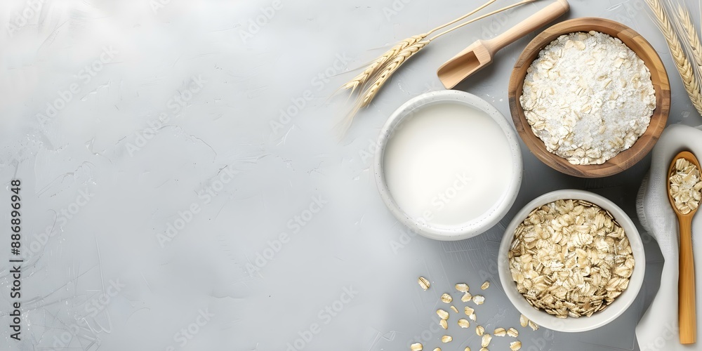 Country-style breakfast setting with oatmeal, milk, wheat, and wooden spoon on table. Concept Country Breakfast, Oatmeal, Milk, Wheat, Wooden Spoon, Farmhouse Aesthetic