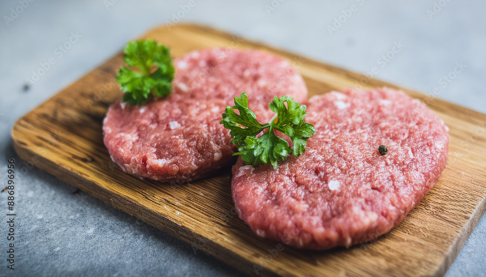 Raw veal cutlets on chopping board, before cooking for hamburgers and other dishes. Tasty food. Raw veal cutlets on chopping board, before cooking for hamburgers and other dishes. Tasty food.