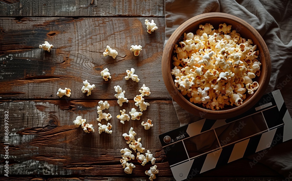 Popcorn in a bowl and a movie clapperboard on a rustic wooden table Popcorn in a bowl and a movie clapperboard on a rustic wooden table