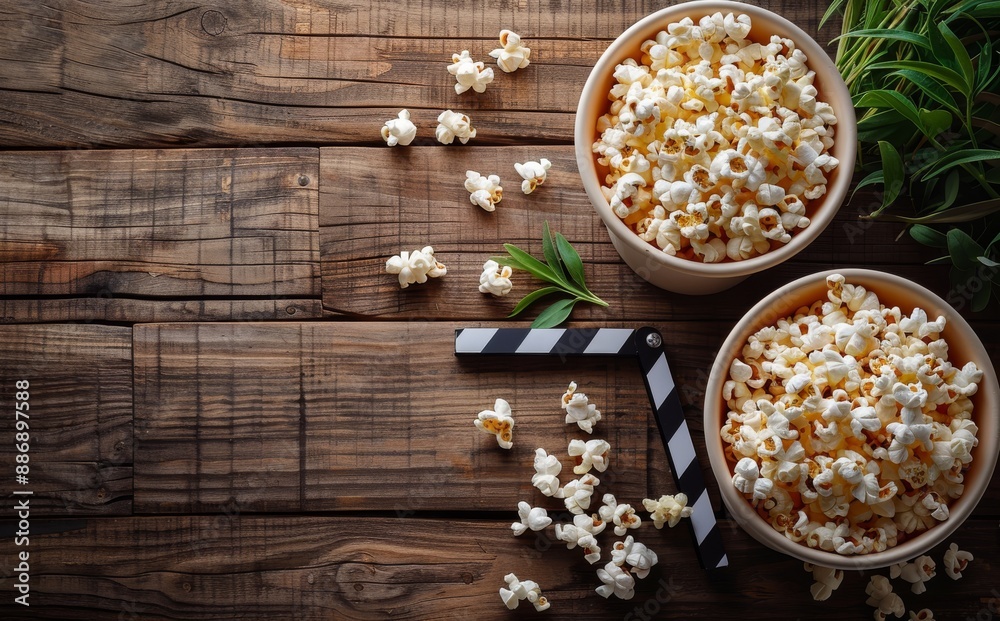 Clapperboard and bowls of popcorn on a rustic wooden table, movie night concept Clapperboard and bowls of popcorn on a rustic wooden table, movie night concept