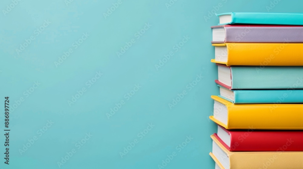 Fototapeta premium A blue table holds a stack of books against a green wall Books stacked on the table