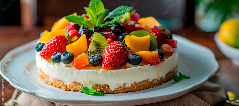 Fruit Salad Cheesecake, a fruit-less cream dessert made with natural ingredients such as fruits and vegetables, served on an elegant white plate Fruit Salad Cheesecake, a fruit-less cream dessert made with natural ingredients such as fruits and vegetables, served on an elegant white plate