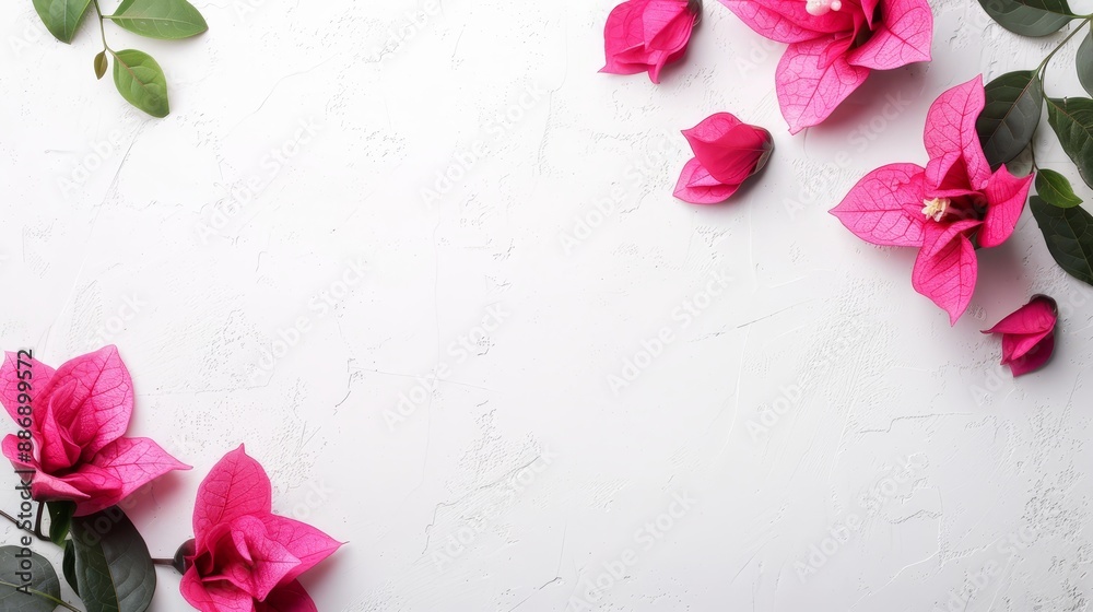 A cluster of pink blooms against a pristine white backdrop; beneath, their emerald green foliage frames the bottom A cluster of pink blooms against a pristine white backdrop; beneath, their emerald green foliage frames the bottom