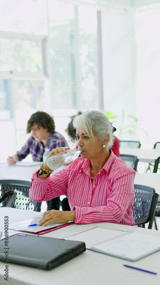 Older woman drinking water in class Older woman drinking water in class