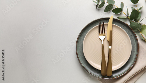 Stylish setting with cutlery, napkin, eucalyptus branch and plates on light table, top view