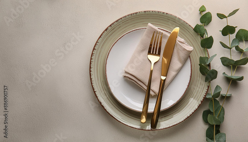 Stylish setting with cutlery, napkin, eucalyptus branch and plates on light table, top view